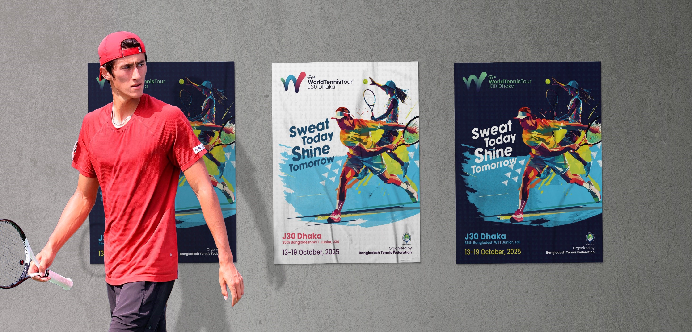 J30 Dhaka campaign poster mockup with tennis athlete and wall-mounted event posters.