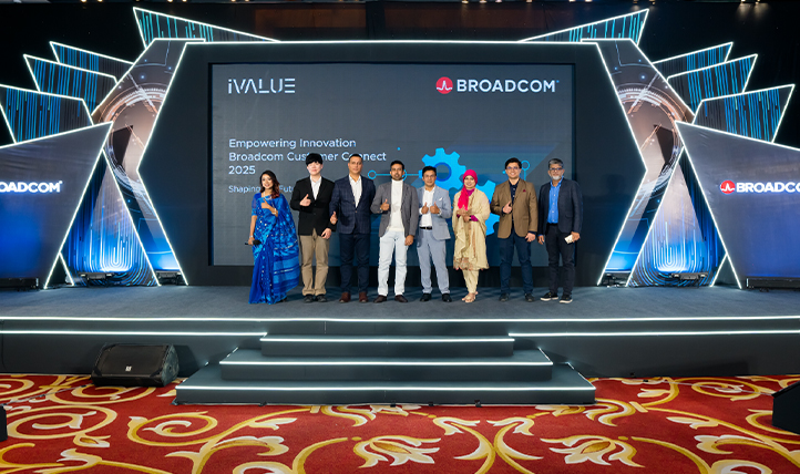 Broadcom Customer Connect 2025 event stage and guest group.
