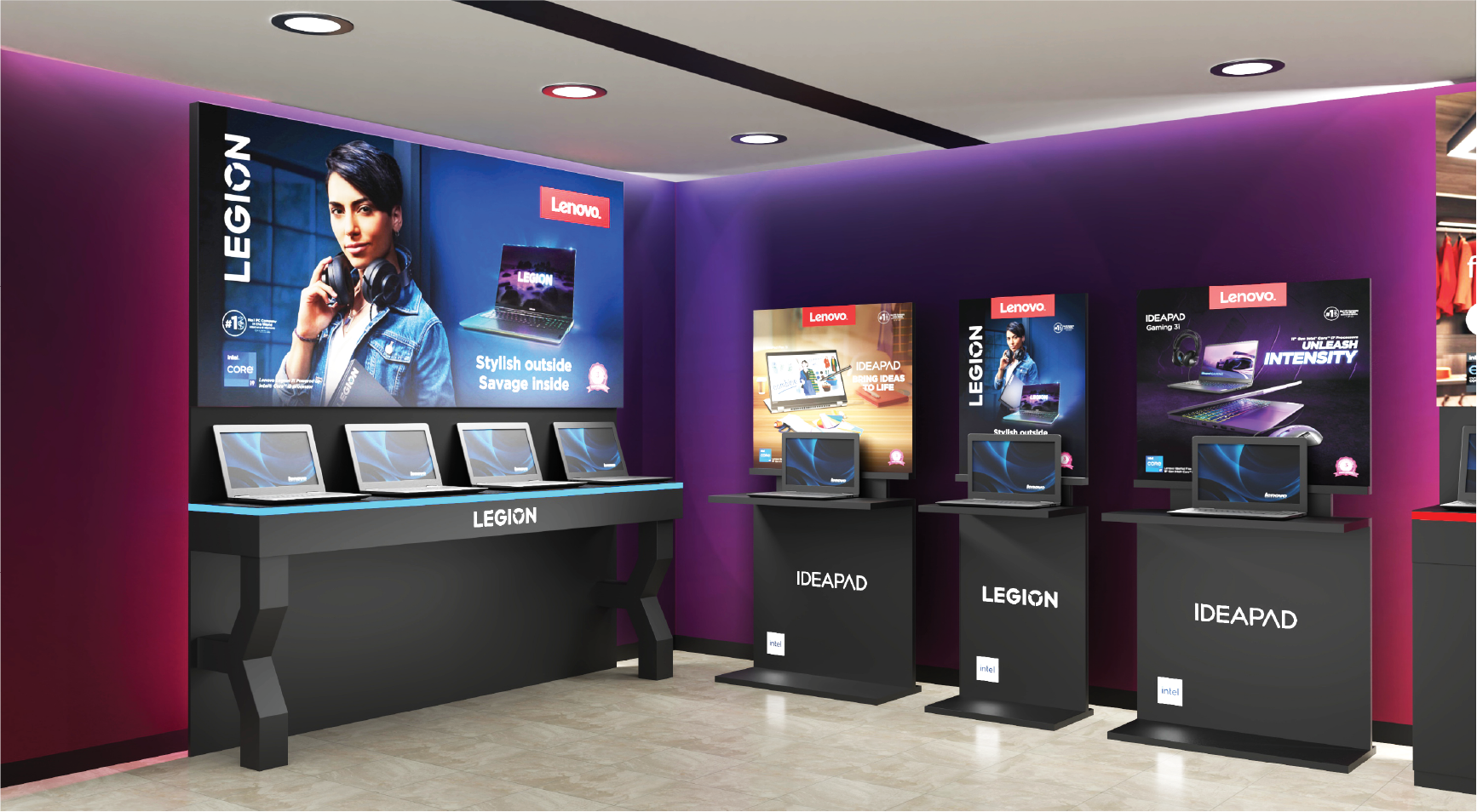 Lenovo Legion and IdeaPad retail display.