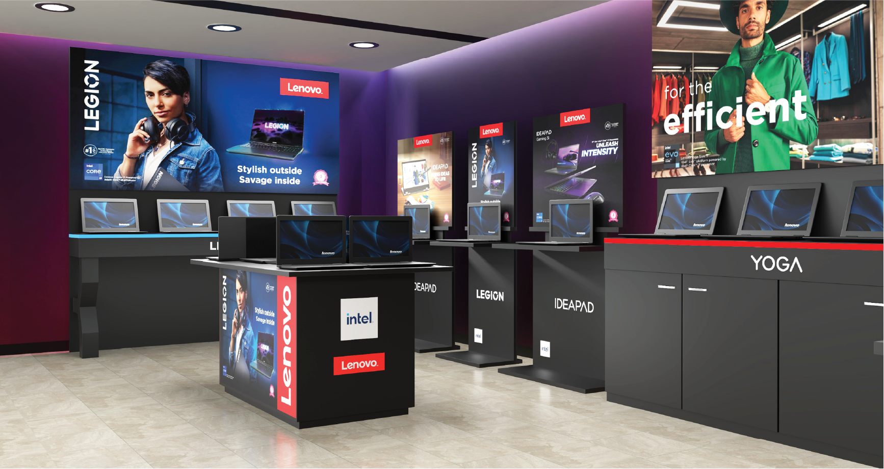 Lenovo Legion, Yoga, and IdeaPad retail display.